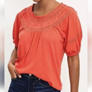NWOT Loft size XS P Women's Orange Red Lace Trim Knit Blouse Top